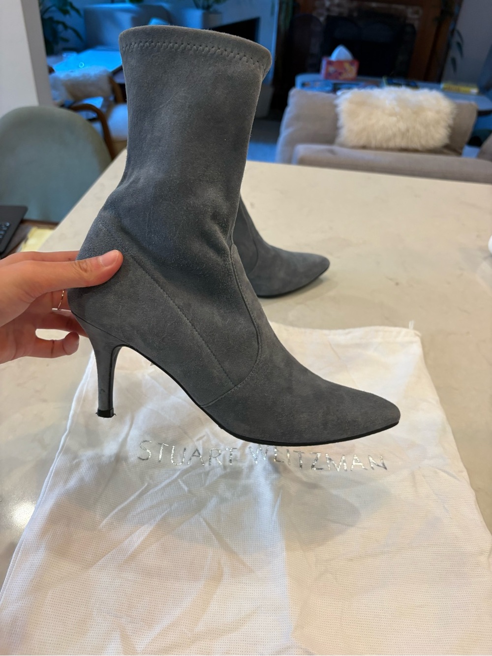 Stuart Weitzman storm blue Suede 4 inch heel Pointed-Toe Ankle sock Bootie 7 - Picture 4 of 16